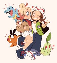 2girls amie_sanchez black_shoes blonde_hair blue_eyes blush_stickers bright_pupils brown_eyes brown_jacket chikorita commentary cropped_shirt eyelashes gen_2_pokemon gen_5_pokemon grin hair_bun harmony_(pokemon) hat heart highres holding holding_poke_ball jacket multiple_girls musical_note nintendo one_eye_closed pants parted_lips poke_ball poke_ball_(basic) pokemon pokemon_legends:_z-a red_shirt shirt shoes shorts shout_lines smile starter_pokemon_trio taunie_(pokemon) teeth tepig totodile white_hat white_pupils white_shorts yuri