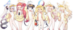 6+girls above-cleavage_cutout absurdres adjusting_eyewear animal_ear_fluff animal_ears armpits arms_up asymmetrical_hair averting_eyes ball bare_legs bare_shoulders beachball black_hair black_ribbon black_wings blonde_hair blue_archive blue_halo bow braid braided_bun breasts brown_eyes bucket cane closed_mouth clothing_cutout commentary cosplay covered_navel cross_halo demon_girl demon_horns demon_tail demon_wings diamond_cutout dot_mouth dot_nose double_bun extra_ears eyes_visible_through_hair eyewear_on_head feet_out_of_frame flat_chest floppy_ears forehead fox_ears fox_girl fox_tail gnoet gradient_hair green_eyes grey_eyes grey_hair grey_halo hair_between_eyes hair_bow hair_bun hair_over_one_eye hair_ribbon half-closed_eyes halo hand_on_eyewear hand_on_own_hip hand_up handheld_game_console highleg highleg_one-piece_swimsuit highres holding holding_ball holding_beachball holding_bucket holding_cane horns ibuki_(blue_archive) jacket kisaki_(blue_archive) kokona_(blue_archive) loli long_hair long_sleeves looking_at_viewer low_wings multicolored_hair multiple_girls multiple_hair_bows nintendo_switch off_shoulder official_alternate_costume official_alternate_hairstyle one-piece_swimsuit one_eye_closed open_mouth orange-tinted_eyewear orange_eyes pink-tinted_eyewear pink_eyes ponytail professor_niyaniya_(blue_archive) puffy_long_sleeves puffy_sleeves purple_eyes red-tinted_eyewear red_hair ribbon seia_(blue_archive) seia_(blue_archive)_(cosplay) seia_(swimsuit)_(blue_archive) side_ponytail simple_background sleeves_past_wrists small_breasts smile split_mouth standing streaked_hair sunglasses sweat swimsuit tail thighs tiger_ears tiger_girl tinted_eyewear twintails two-tone_hair very_long_hair visor_cap wavy_hair white_background white_bow white_one-piece_swimsuit wings yellow_eyes yellow_halo yellow_jacket yellow_visor yuzu_(blue_archive)