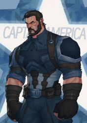 Rule 34 | 1boy, bara, beard, belt, blue bodysuit, bodysuit, broad shoulders, brown hair, captain america, clenched hands, connected beard, cropped legs, facial hair, fingerless gloves, fonzu (callmefonzu), gloves, highres, holster, marvel, marvel rivals, mature male, medium hair, muscular, muscular male, steve rogers