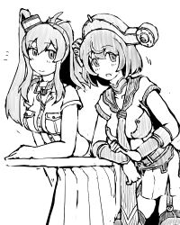 Rule 34 | 2girls, breast pocket, breasts, commentary request, dress, garter straps, greyscale, headgear, high side ponytail, kantai collection, lexington (kancolle), looking at viewer, medium breasts, monochrome, multiple girls, neckerchief, pocket, ponytail, sailor dress, saratoga (kancolle), short hair, side ponytail, smile, smokestack hair ornament, task (s task80), thighhighs