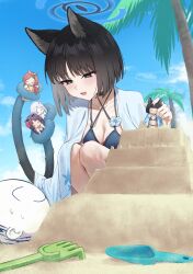 1boy 1girl absurdres bikini black_bikini black_choker black_hair black_tail blue_archive blue_bikini blue_halo blue_sky blue_tail blush breasts character_doll choker cleavage cloud cloudy_sky commentary_request criss-cross_halter day doll doodle_sensei_(blue_archive) gradient_tail halo halterneck haori highres japanese_clothes kikyou_(blue_archive) kikyou_(swimsuit)_(blue_archive) layered_bikini looking_at_another medium_breasts multiple_tails nagusa_(blue_archive) nagusa_(swimsuit)_(blue_archive) official_alternate_costume open_mouth partially_buried pizza_(pizzania_company) renge_(blue_archive) renge_(swimsuit)_(blue_archive) sand_sculpture sensei_(blue_archive) short_hair sky smile squatting sweat swimsuit tail two_tails white_haori yukari_(blue_archive) yukari_(swimsuit)_(blue_archive)