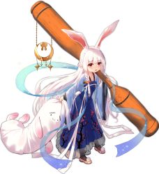 1girl animal_ears animal_print ark_order black_legwear blue_dress braid carrot_hair_ornament chinese_clothes crescent crescent_print dress flats floral_print food-themed_hair_ornament full_body hagoromo hair_ornament hanfu holding holding_mallet holding_stuffed_toy kine leaning_forward long_hair long_sleeves looking_at_viewer mallet mole mole_under_eye moon_rabbit_(ark_order) official_art open_mouth pink_shoes pom_pom_(clothes) qixiong_ruqun rabbit_ears rabbit_girl rabbit_print rabbit_tail red_eyes shawl shoboon shoes side_braid sidelocks solo standing stuffed_animal stuffed_rabbit stuffed_toy tachi-e tail transparent_background usagi_kine very_long_hair white_hair wide_sleeves you_ni_ge_shaobing