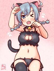 &gt;_&lt; 1girl animal_ears artist_logo bell black_bra black_panties blue_eyes bra braid breasts cameltoe cat_cutout cat_ear_panties cat_ears cat_lingerie cat_tail cleavage cleavage_cutout clothing_cutout dated fang frilled_bra frills gradient_background jingle_bell kanon_(kurogane_knights) kantai_collection logo low_twintails medium_breasts meme_attire neck_bell one-hour_drawing_challenge one_eye_closed panties paw_pose pink_background shimane_maru_(kancolle) side-tie_panties skin_fang solo tail twin_braids twintails underwear underwear_only