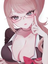 black_shirt blonde_hair blue_eyes bow breasts choker cleavage clipboard collarbone danganronpa:_trigger_happy_havoc danganronpa_(series) enoshima_junko glasses highres index_finger_raised mikomi00 pink_lips ponytail red_bow red_nails shirt shirt_bow sleeves_rolled_up white_background