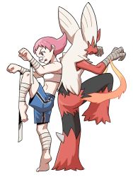 1girl back-to-back bandaged_leg bandages bandaid bandaid_on_face bandaid_on_nose barefoot blaziken blue_shorts clenched_hands commentary_request creatures_(company) eyelashes from_side game_freak gen_3_pokemon gym_leader maylene_(pokemon) mega_blaziken mega_pokemon nintendo nutkingcall pink_eyes pink_hair pokemon pokemon_(creature) pokemon_dppt short_hair shorts standing standing_on_one_leg strapless tiptoes toes tongue tongue_out tube_top