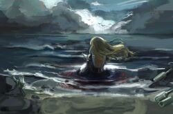 Rule 34 | 1girl, absurdres, backless dress, backless outfit, beach, beatrice (umineko), blonde hair, commentary, dress, english commentary, floating hair, glass bottle, highres, horizon, long hair, partially submerged, peachducy, simple bird, sitting, solo, umineko no naku koro ni, water, wavy hair