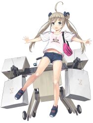 1girl 1other ahoge alternate_costume animal_print aqua_eyes artist_request bag bandage_on_face bandages bare_legs bird_print blue_bow blue_shoes bow buttons denim denim_shorts english_text engrish_text final_gear full_body hair_bow hairstyle_request half_updo happy highres holding holding_bag knees legs_apart light_brown_hair long_hair midriff_peek navel official_art open_mouth outstretched_arms pink_tank_top polka_dot polka_dot_bow ranguage robot see-through_clothes see-through_shirt shirt shoes shopping_bag short_shorts shorts sidelocks simple_background smile sneakers snowy_(final_gear) solo t-shirt tachi-e tank_top third-party_source tied_shirt tied_sleeves transparent_background twintails wheel