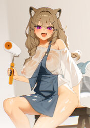 Rule 34 | 1girl, apron, arknights, blue apron, bottomless, breasts, brown hair, ett, fang, female focus, hair ornament, holding paint roller, large breasts, long hair, looking at viewer, nipples, open mouth, paint roller, purple eyes, see-through clothes, see-through shirt, shirt, sitting, skin fang, solo, utage (arknights), wet, wet clothes, wet shirt, x hair ornament