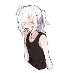 Rule 34 | 1girl, ahoge, azuma shino, black tank top, blush, closed eyes, commentary, eyes visible through hair, fang, flat chest, hair over one eye, lowres, nowareno (azuma shino), open mouth, original, pointy ears, ponytail, short hair, simple background, smile, solo, tank top, upper body, white background, white hair