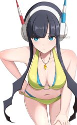1girl bikini black_hair blue_eyes breasts cleavage closed_mouth commentary_request elesa_(pokemon) highres jewelry long_hair medium_breasts navel necklace nintendo pokemon pokemon_bw2 simple_background solo surippa1010 swimsuit twintails twitter_username white_background yellow_bikini