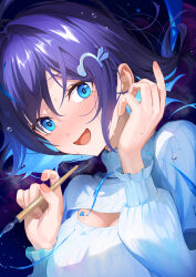 1girl :d absurdres blue_eyes blue_hair blush breasts cleavage cleavage_cutout clothing_cutout commentary_request hair_ornament highres holding holding_pen large_breasts long_hair long_sleeves maeshimashi meme_attire multicolored_hair nervous_smile nib_pen_(object) nose_blush open-chest_sweater open_mouth original pen puffy_long_sleeves puffy_sleeves purple_hair ribbed_sweater smile solo sweater tears turtleneck turtleneck_sweater two-tone_hair water white_sweater