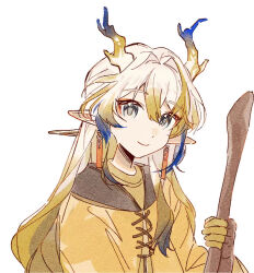 Rule 34 | alternate costume, arknights, blonde hair, blue hair, chinese commentary, commentary request, dragon girl, dragon horns, earrings, grey eyes, hair between eyes, holding, holding stick, horns, jewelry, jianbing guozi, long hair, multicolored hair, paper texture, pointy ears, shu (arknights), simple background, stick, white background, white hair
