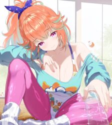 1980s_fashion 1girl bottle breasts cleavage cropped_sweater high_ponytail holding holding_bottle hololive hololive_english kei_(keiillustrator) kfp_employee_(takanashi_kiara) large_breasts leggings leotard looking_at_viewer official_alternate_costume official_alternate_hairstyle orange_hair ponytail purple_eyes purple_leggings sitting socks solo takanashi_kiara takanashi_kiara_(fever_night) virtual_youtuber water_bottle white_leotard white_socks