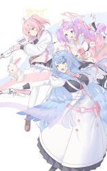 Rule 34 | 3girls, absurdres, assault rifle, black skirt, blue archive, blue eyes, blue hair, blush, boots, braid, brown boots, bullpup, closed mouth, commentary request, dress, feathered wings, gloves, green eyes, gun, hair between eyes, hanae (blue archive), hat, highres, holding, holding gun, holding weapon, l85, lever action, long hair, mine (blue archive), multiple girls, nurse, nurse cap, one side up, open mouth, pantyhose, pink eyes, pink hair, pink shirt, purple hair, rifle, sailor collar, serina (blue archive), shirt, shotgun, sidelocks, skirt, tamagore, teeth, twin braids, twintails, upper teeth only, weapon, white dress, white gloves, white hat, white pantyhose, white sailor collar, white shirt, winchester model 1887, wings