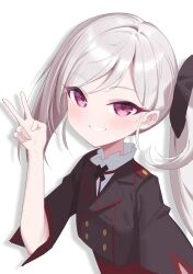 1girl absurdres black_jacket blue_archive cropped_jacket hair_ornament highres jacket jei_(user_tckk7448) looking_at_viewer mutsuki_(blue_archive) open_mouth red_eyes shadow simple_background solo teeth upper_body v white_background white_hair