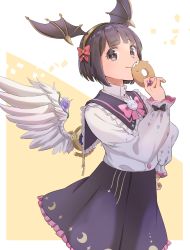 1girl black_eyes black_hair black_skirt blouse blunt_bangs bob_cut bow bowtie closed_mouth commentary_request cowboy_shot crescent_print demon_wings donut fake_wings flower food frilled_shirt_collar frilled_skirt frills gem hair_bow head_wings highres hohohoi holding holding_food jewelry looking_at_viewer pink_bow pink_bowtie purple_flower purple_gemstone ragnarok_online ragnarok_origin red_bow ring rose shirt short_hair skirt smile solo white_shirt white_wings wings