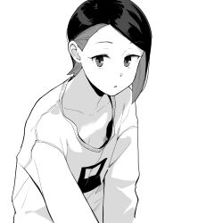 1girl asymmetrical_hair breasts collarbone colored_inner_hair downblouse gundam gundam_suisei_no_majo hair_behind_ear highres long_sleeves makio_(makiomeigenbot) monochrome multicolored_hair nika_nanaura nipples no_bra parted_lips shirt small_breasts solo webp-to-png_conversion