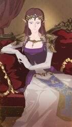 1girl brown_hair collarbone couch gloves hair_tubes hashtag-only_commentary highres looking_at_viewer nintendo on_couch own_hands_together pointy_ears princess_zelda shoulder_pads sidelocks sitting skirt solo tabard the_legend_of_zelda the_legend_of_zelda:_twilight_princess tiara white_gloves white_skirt yun_(dl2n5c7kbh8ihcx)