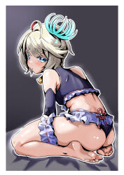 1girl absurdres barefoot blonde_hair blue_eyes blush chappu_(chapillust) feet highres looking_at_viewer medium_hair monster_strike sanzu_(monster_strike) soles toes