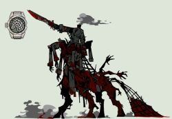 Rule 34 | 1girl, blood, blood on clothes, bloody weapon, centaur, distortion (project moon), extra arms, extra legs, formal clothes, grey background, gunblade, headless, holding, holding sword, holding weapon, limbus company, net, outis (project moon), project moon, simple background, smoke, solo, suit, sword, taur, teko1193, watch, weapon, wristwatch