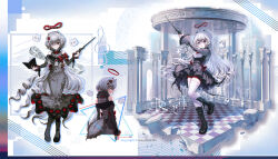 1girl artist_name black_boots black_dress black_shorts book boots conductor_baton dress full_body hair_intakes halo heterochromia highres holding holding_book ichitata long_hair looking_at_viewer musical_note original red_nails reference_sheet shorts signature solo standing thighhighs variations very_long_hair white_hair white_thighhighs