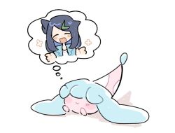 1girl black_hair blush closed_mouth colored_inner_hair cowlick dreaming gen_8_pokemon green_hair_ornament hair_ornament hairclip han0579 hatenna jacket liko_(pokemon) multicolored_hair nintendo open_clothes open_mouth pokemon pokemon_(anime) pokemon_(creature) pokemon_horizons pokemon_swsh shirt short_hair simple_background sleeping smile upper_body white_background white_shirt