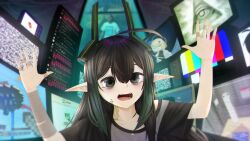 Rule 34 | 1girl, 4chan, absolute cinema (meme), absurdres, bags under eyes, bandaged arm, bandages, bandaid, bandaid on finger, black hair, black horns, bug, character request, chat log, cockroach, commentary, crt, elf, elfinpsyop, elzielai, english commentary, eye of providence, facial mark, gradient hair, green eyes, green hair, grey shirt, hands up, highres, horns, indie virtual youtuber, insect, kaneko lumi, kaneko lumi (4th costume), long hair, meme, minecraft, monitor, multicolored hair, open mouth, phase connect, pointy ears, shirt, solo, terry a davis, virtual youtuber, youtube