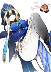 Rule 34 | 1boy, 1girl, :d, absurdres, ahoge, black footwear, black headwear, blindfold, blonde hair, blue dress, blue gloves, breasts, closed mouth, clothing cutout, cosplay, crossed arms, dress, genshin impact, gloves, gradient pants, highres, kradebii, large breasts, lumine (genshin impact), mirror maiden (genshin impact), mirror maiden (genshin impact) (cosplay), open mouth, orange hair, pants, pelvic curtain, short hair with long locks, side cutout, smile, tartaglia (genshin impact), white pants