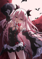 1girl absurdres armpits bare_shoulders bat_(animal) black_dress bow breasts cleavage commentary_request commission demon_tail detached_sleeves double-parted_bangs dress fangs frilled_skirt frills hair_between_eyes hair_ornament highres krul_tepes looking_at_viewer moon night owari_no_seraph pink_hair pixiv_commission pointy_ears poppu red_bow red_moon skirt slit_pupils small_breasts solo tail two_side_up vampire wide_sleeves