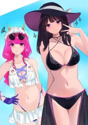 2girls bikini black_hair bouquet_(no.1_sentai_gozyuger) breasts cleavage fillipatch hat ichikawa_sumino large_breasts multiple_girls no.1_sentai_gozyuger pink_eyes pink_hair purple_eyes sun_hat super_sentai swimsuit