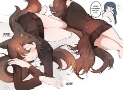 2girls arknights arya_melati black_hair blue_eyes brown_dress brown_hair brown_tail chibi closed_eyes commentary crossed_arms doctor_(arknights) dress english_commentary female_doctor_(arknights) flying_sweatdrops frilled_dress frills hair_behind_ear highres long_hair long_sleeves lying medium_hair mole mole_above_eye multiple_girls multiple_views on_side parted_lips penance_(arknights) short_dress sleeping tail