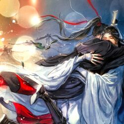 2boys architecture black_boots black_hair black_hanfu blurry bokeh boots chinese_clothes closed_eyes couple depth_of_field east_asian_architecture falling_leaves faux_traditional_media floating_clothes floating_hair hair_ribbon hanfu headband high_ponytail highres hug ink_wash_painting jumping kcllzas163 lan_wangji leaf lens_flare light_particles long_hair long_sleeves male_focus modao_zushi multiple_boys outdoors ponytail red_ribbon ribbon robe shoe_soles sky sleeves_past_wrists third-party_source topknot wei_wuxian white_hanfu white_headband wide_sleeves xiao_guan_(headdress) yaoi