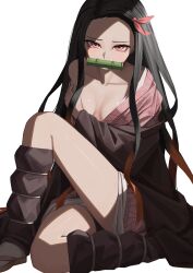 1girl absurdres bamboo bit_gag black_hair black_leg_warmers breasts gag hair_ribbon haori highres japanese_clothes kamado_nezuko kimetsu_no_yaiba kimono knee_up leg_warmers long_hair looking_at_viewer nemo_ringo pink_eyes pink_kimono pink_ribbon ribbon simple_background small_breasts solo white_background