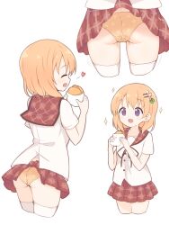 1girl :d ass black_ribbon blouse bread breasts buttons closed_eyes clothes_lift collarbone commentary_request cropped_legs food food_wrapper from_behind gochuumon_wa_usagi_desu_ka? hair_ornament hairclip happy heart highres holding holding_food hoto_cocoa hoto_cocoa&#039;s_school_uniform motion_lines multiple_views neck_ribbon open_mouth orange_hair orange_panties panties plaid_clothes plaid_sailor_collar plaid_skirt pleated_skirt polka_dot polka_dot_panties purple_eyes red_sailor_collar red_skirt ribbon sailor_collar school_uniform serafuku shirt short_hair short_sleeves simple_background skirt skirt_lift small_breasts smile sparkle standing thighhighs underwear white_background white_shirt white_thighhighs wrapper yaplus