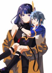 1boy 1girl absurdres age_difference aged_down bag bare_shoulders black_dress black_gloves black_shoes black_socks blue_hair blue_pupils blunt_bangs brown_coat carrying carrying_person chinese_commentary closed_mouth coat couple dress from_side genshin_impact gloves hair_between_eyes hand_on_another&#039;s_shoulder height_difference hetero highres kamisato_ayato long_hair looking_at_another looking_down looking_to_the_side looking_up mitsudomoe_(shape) mole mole_under_eye mole_under_mouth multicolored_eyes multicolored_hair off_shoulder official_alternate_costume onee-shota open_clothes open_coat open_mouth purple_eyes purple_hair raiden_shogun raiden_shogun_(autumn_pop-up_store) shade shoes short_hair shorts shoulder_bag simple_background sleeveless sleeveless_dress socks standing streaked_hair tomoe_(symbol) vest white_background zai_aoye_wo_shi_gou