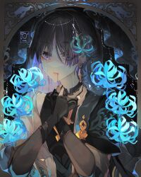 Rule 34 | 1boy, bead band, black bodysuit, black bridal gauntlets, black hair, black nails, blood, blood from mouth, blue cape, blue flower, blue kimono, blue sleeves, blunt ends, bodysuit, border, bridal gauntlets, cape, covered collarbone, crying, crying with eyes open, earrings, eyelashes, eyeliner, eyes visible through hair, eyeshadow, flower, genshin impact, gold, hair over one eye, han&#039;eri, hands on own neck, highres, ichigoh, japanese clothes, jewelry, kimono, layered kimono, layered sleeves, looking at viewer, looking to the side, makeup, male focus, mandarin collar, middle ring, open clothes, open kimono, ornate border, parted lips, purple eyes, red eyeliner, red eyeshadow, red lips, scaramouche (genshin impact), see-through clothes, see-through veil, short sleeves, shoulder peek, solo, spider lily, tears, veil, wanderer (genshin impact), white kimono, white mouth, white sleeves