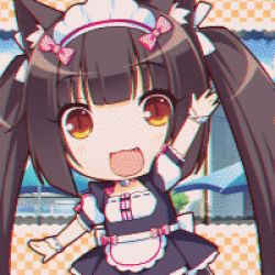 10s 1girl :3 :d animal_ear_fluff animal_ears animated animated_gif apron bell bow brown_eyes brown_hair cat_ears cat_girl cat_tail checkered_background chibi chibi_only chocola_(nekopara) chromatic_aberration female_focus gif_artifacts hair_ornament hair_ribbon happy long_hair lowres maid maid_apron maid_headdress neck_bell nekopara open_mouth pink_bow ribbon sayori_(neko_works) sky slit_pupils smile solo tail twintails umbrella waving white_ribbon wrist_cuffs