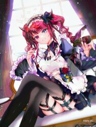 1girl absurdres apron black_bow black_ribbon black_thighhighs blue_eyes blunt_bangs bow breasts brooch chest_bow commentary couch cup curly_hair curtains detached_collar drinking_glass earrings flower frilled_apron frills garter_straps hair_ribbon hairband halo heterochromia highres holding holding_cup hololive hololive_english horns indoors irys_(hololive) irys_(maid)_(hololive) jewelry juliet_sleeves lace lace-trimmed_collar lace-trimmed_thighhighs lace_trim layered_sleeves lolita_hairband long_hair long_sleeves looking_at_viewer maid maid_apron medium_breasts multicolored_hair official_alternate_costume official_alternate_hairstyle on_couch pointy_ears puffy_sleeves purple_eyes purple_nails red_flower red_hair red_rose ribbon rose sitting smile solo sowon star_halo streaked_hair teeth thigh_strap thighhighs twintails twitter_username virtual_youtuber waist_bow white_apron wide_sleeves window wine_glass