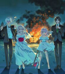 Rule 34 | 2boys, 2girls, ^ ^, absurdres, ahoge, alternate costume, arm behind back, arson, axe, backlighting, bare shoulders, battle axe, black bow, black bowtie, black hair, black jacket, black pants, black shoes, blazer, bouquet, bow, bowtie, breasts, bridal veil, burning, car, choker, closed eyes, closed mouth, collarbone, collared shirt, crowbar, dress, earrings, empty eyes, expressionless, eyepatch, fire, floating hair, flower, footwear bow, forest, formal clothes, frown, full body, grass, green necktie, grin, hair between eyes, hair flower, hair ornament, hand on own chest, heart, heart ahoge, highres, holding, holding bouquet, holding crowbar, jacket, jewelry, kaelix debonair, lapels, leg ribbon, long dress, long hair, long sleeves, looking at viewer, loose bowtie, maria marionette, medical eyepatch, medium breasts, medium hair, middle part, motor vehicle, multiple boys, multiple girls, nature, necklace, necktie, night, nijisanji, nijisanji en, off-shoulder dress, off shoulder, one eye covered, open clothes, open collar, open jacket, open mouth, outdoors, pants, papercider, parted bangs, pearl necklace, pink eyes, pink flower, pink hair, pink rose, pink streaks, puffy short sleeves, puffy sleeves, purple eyes, purple streaks, reimu endou, ribbon, rose, shirt, shoes, short dress, short hair, short sleeves, single earring, smile, smoke, standing, star (sky), suit, thigh strap, torn clothes, torn dress, twitter username, v, veil, virtual youtuber, walking, weapon, wedding dress, white bow, white choker, white dress, white flower, white hair, white ribbon, white shirt, white shoes, white veil, wind, wolf cut, zeal ginjoka