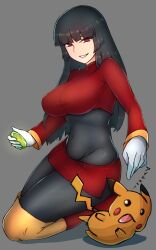 1girl absurdres black_eyes black_hair blunt_bangs blush_stickers bodysuit bodysuit_under_clothes breasts crop_top cropped_jacket gen_1_pokemon gloves grin half-closed_eyes highres jacket kneeling large_breasts long_hair long_sleeves nintendo pencil_skirt pikachu pokemon pokemon_(creature) pokemon_frlg red_eyes red_jacket sabrina_(pokemon) side_slit skirt smile straight_hair turtleneck turtleneck_jacket wagaragiga white_gloves yellow_fur