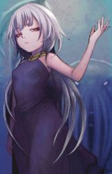 Rule 34 | 1girl, absurdres, black dress, breasts, commentary, cthulhu, cthulhu mythos, dress, english commentary, expressionless, grey hair, highres, lacker strike (akkira setsu), long hair, looking at viewer, monster, original, red eyes, small breasts, tentacle hair, very long hair, wings