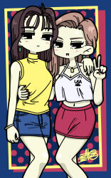 2girls arm_at_side black_eyes blue_skirt breasts brown_hair cleavage crop_top crop_top_overhang denim denim_skirt earrings hair_behind_ear halter_shirt halterneck hand_on_another&#039;s_waist highres initial_d jewelry long_hair looking_at_viewer medium_breasts multiple_girls nail_polish red_nails red_skirt satosio satou_mako sayuki_(initial_d) shirt signature skirt sleeveless sleeveless_shirt smile v white_shirt yellow_shirt