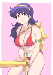 1girl armlet athena_(series) bikini breasts coveredcore curvy gluteal_fold gold hairband highres jewelry large_breasts long_hair nemo pale_skin princess_athena purple_hair red_bikini swimsuit themanyoukilled thick_thighs thighs weapon