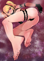 1girl absurdres ani_(xai) ass barefoot blonde_hair blue_eyes blush feet highres long_hair looking_at_viewer panties parted_lips smile soles steam sweat toes twintails underwear xai_(company) yetai_shui