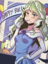 Rule 34 | 1girl, :t, aqua eyes, balloon, banner, bare shoulders, bead necklace, beads, birthday, birthday cake, blonde hair, blue dress, blue flower, blue rose, breasts, cake, cake slice, candle, carnation, diana cavendish, dress, eating, elbow gloves, flower, food, food on face, gloves, hand on own hip, happy birthday, highres, holding utensil, jewelry, little witch academia, long hair, looking at viewer, madabau, necklace, off-shoulder dress, off shoulder, rose, small breasts, solo, wavy hair, white gloves