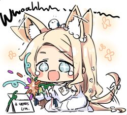+_+ 1girl :d animal_ears bird blonde_hair blue_archive blue_eyes blush_stickers calendar_(object) chibi commentary confetti detached_sleeves english_text flower forehead fox_ears fox_girl fox_tail hair_flower hair_ornament halo happy happy_tears long_hair long_sleeves looking_at_viewer open_mouth parted_bangs party_popper release_celebration seia_(blue_archive) seiza sesield sidelocks simple_background sitting sketch sleeves_past_fingers sleeves_past_wrists smile solo tail tail_wagging tears white_background wide_sleeves