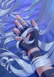 2boys absurdres arm_wrap bed_sheet commentary english_commentary fingernails genshin_impact hand_focus hand_in_another&#039;s_hair highres implied_yaoi long_hair male_focus multiple_boys neuvillette_(genshin_impact) out_of_frame scar scar_on_arm ukropstales white_hair wriothesley_(genshin_impact)