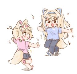 2girls animal_ear_fluff animal_ears black_eyes blonde_hair blue_hair blue_pants blue_shirt blue_shorts blush_stickers chibi dancing denim denim_shorts dog_ears dog_girl dog_tail fuwawa_abyssgard grey_background hololive hololive_english long_hair mococo_abyssgard multicolored_hair multiple_girls musical_note nekoyama open_mouth pants pink_hair pink_shirt shirt short_hair shorts siblings simple_background sisters streaked_hair tail twins two-tone_hair two_side_up virtual_youtuber