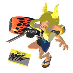 1girl bare_arms bare_legs blonde_hair blue_sandals blue_tank_top blunt_bangs brown_pupils character_name commentary_request dolphin_shorts enperry_(splatoon) facing_to_the_side flame_print flip-flops glowing_horns gun highres holding holding_gun holding_weapon horns inkline_(splatoon) inkling inkling_girl inkling_player_character inoue_seita logo_print long_hair looking_ahead musselforge_flip-flops_(splatoon) name_tag navy_king_tank_(splatoon) nintendo no_lineart official_art orange_eyes pointy_ears print_sandals print_tank_top range_blaster_(splatoon) sandals second-party_source shorts sidelighting signature simple_background solo splatoon_(series) splatoon_3 squid_girl tank_top teeth tentacle_hair text_print toes translation_request two-tone_sandals v-shaped_eyebrows weapon white_background yellow_horns yellow_sandals