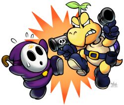 artist_name belt bill_blaster clenched_teeth commission highres holding holding_weapon koopa_troopa mario_&amp;_luigi_rpg mario_(series) mask mast3r-rainb0w nintendo original shy_guy signature teeth troopea weapon white_background